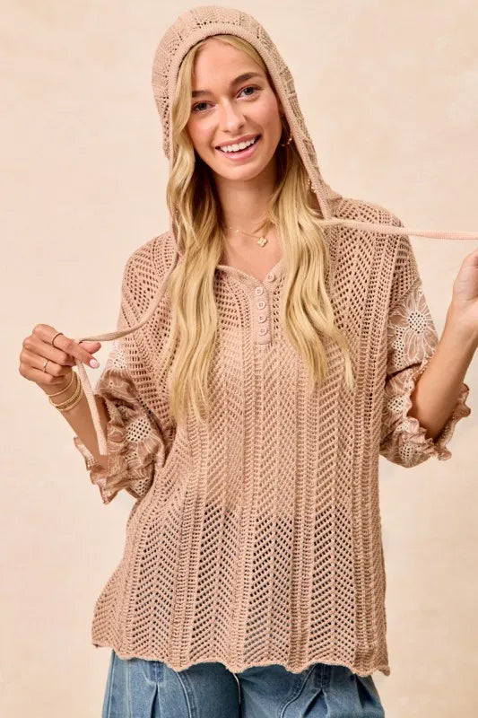 Jacquard Flower Puff Sleeve Hooded Knit Top