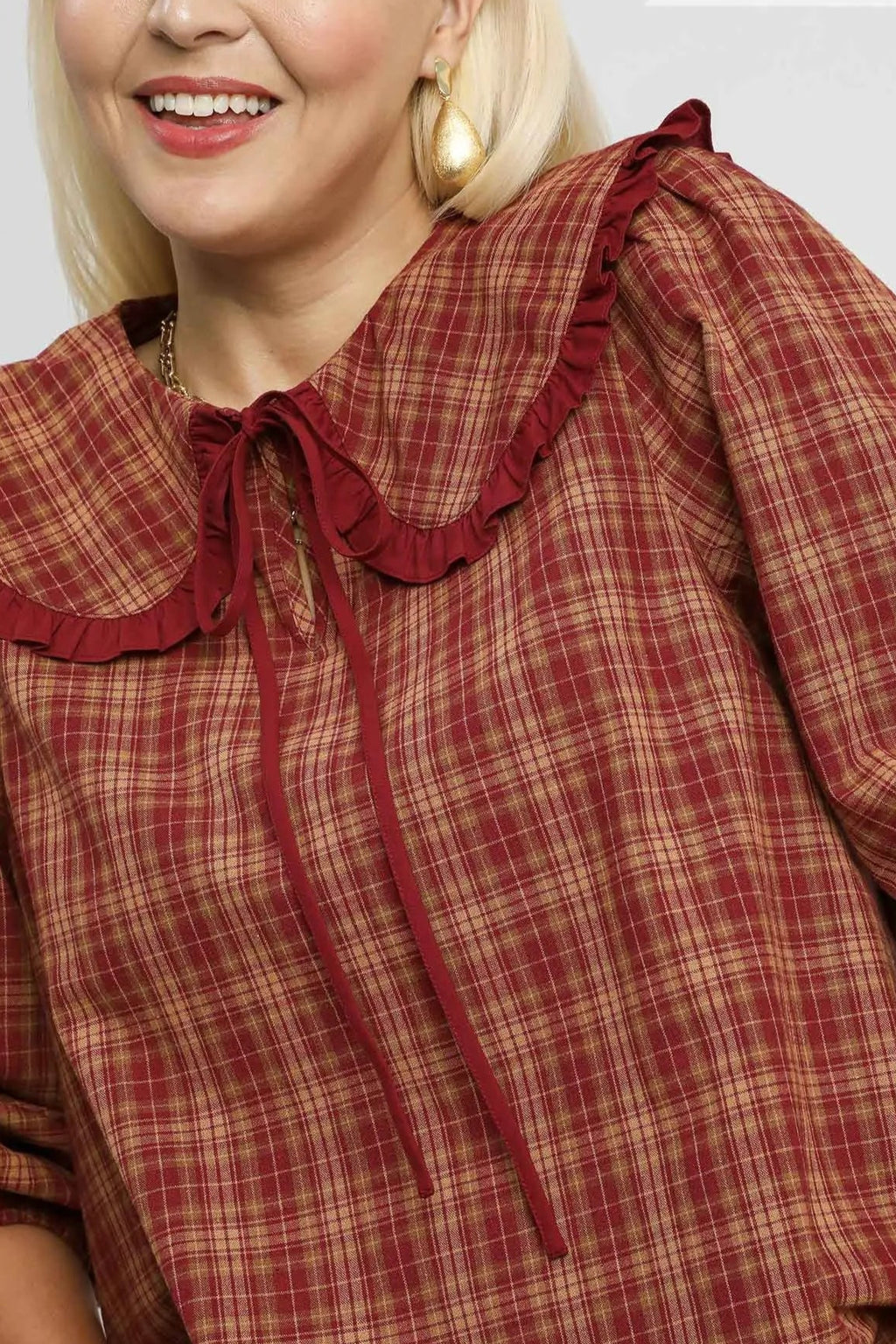 Sarah Express Women’s Plus Size Plaid Ruffle Collar Blouse Casual Fall Winter