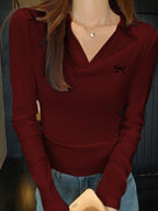 Sarah Express Women's Johnny Collar Long Sleeve T-Shirt - Basic Stretch Top