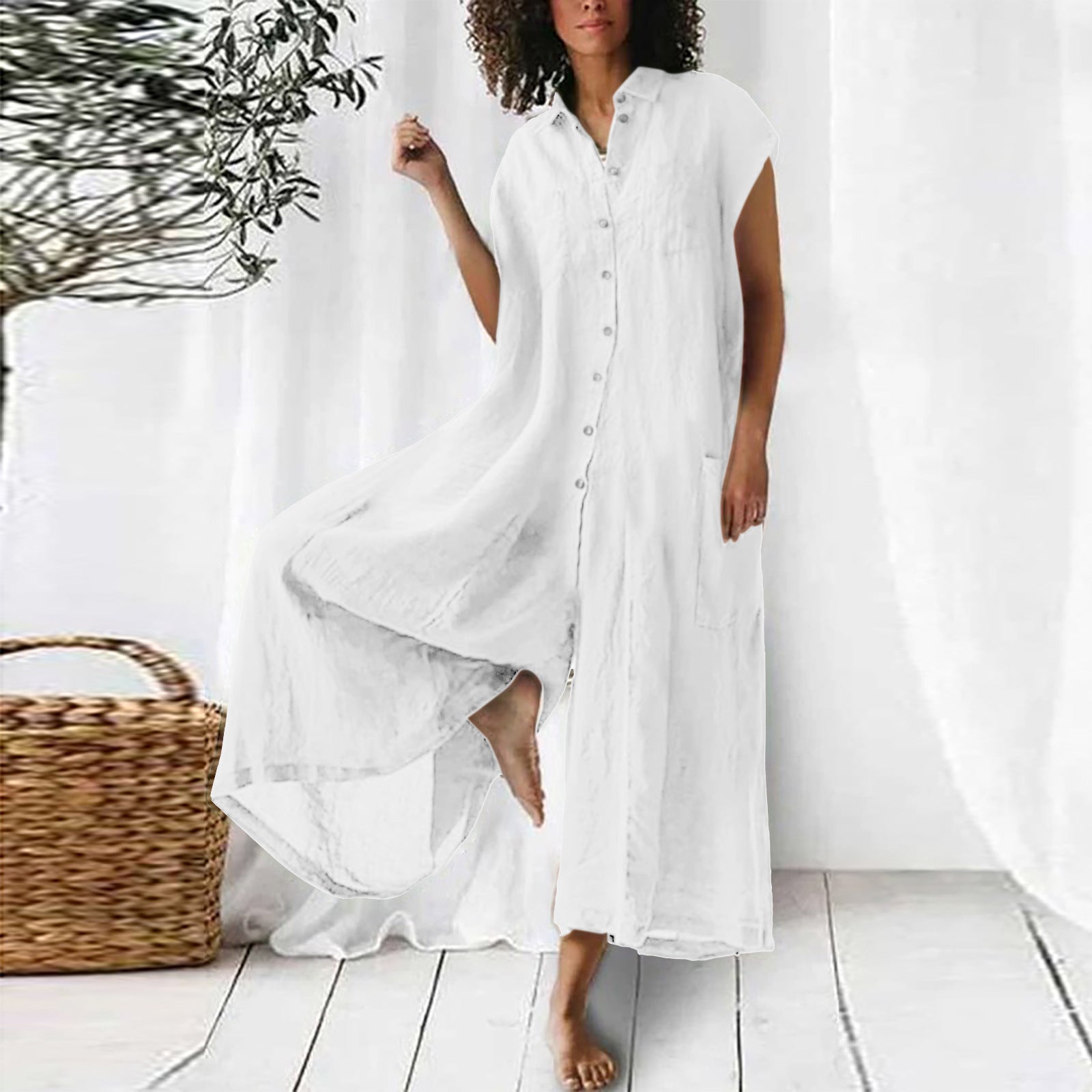 Short Sleeve Mid-Length Linen Jumpsuit Casual
