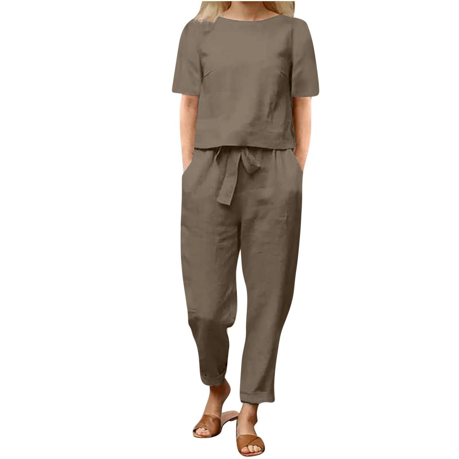 Women's Cotton Linen Top and Wide-Leg Pants Two-Piece Casual Set