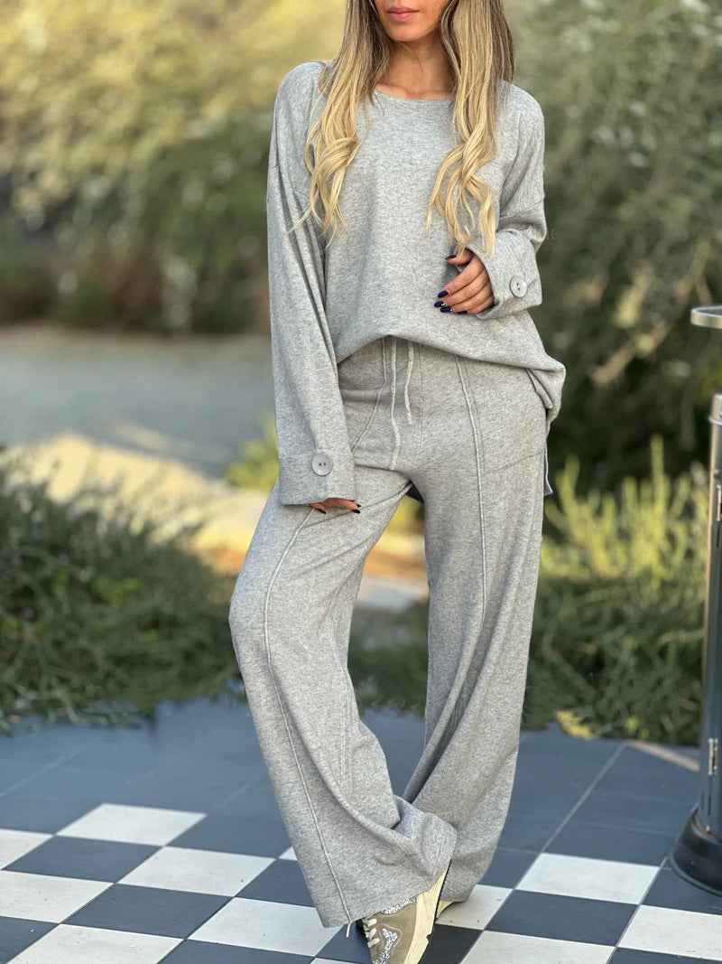 Women's Two-Piece Matching Set Long Sleeve Top Wide Leg Pants