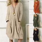 Women's Cotton Linen Pocket Dress Loose Fit Long Sleeve