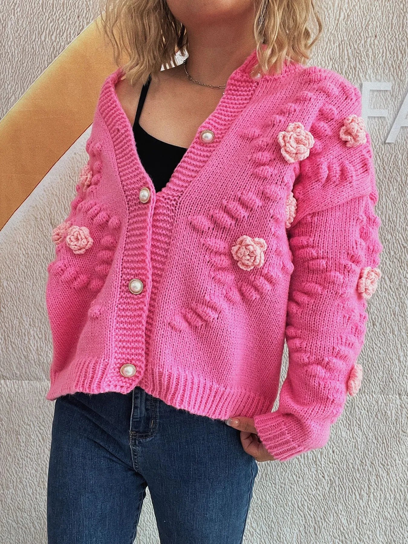 Sarah Express Women's Flower Button Up Long Sleeve Cardigan Pink One Size