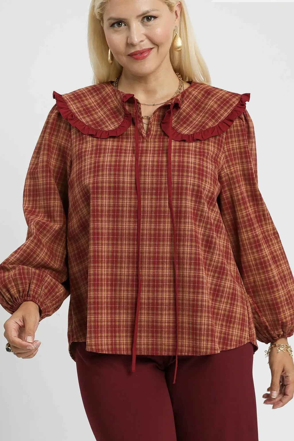 Sarah Express Women’s Plus Size Plaid Ruffle Collar Blouse Casual Fall Winter
