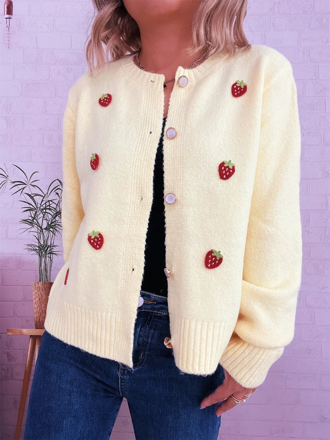 Sarah Express Women's Strawberry Button Up Long Sleeve Cardigan Yellow One Size