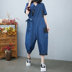 Drawstring Denim-Style Jumpsuit Wide Leg Cropped One Size