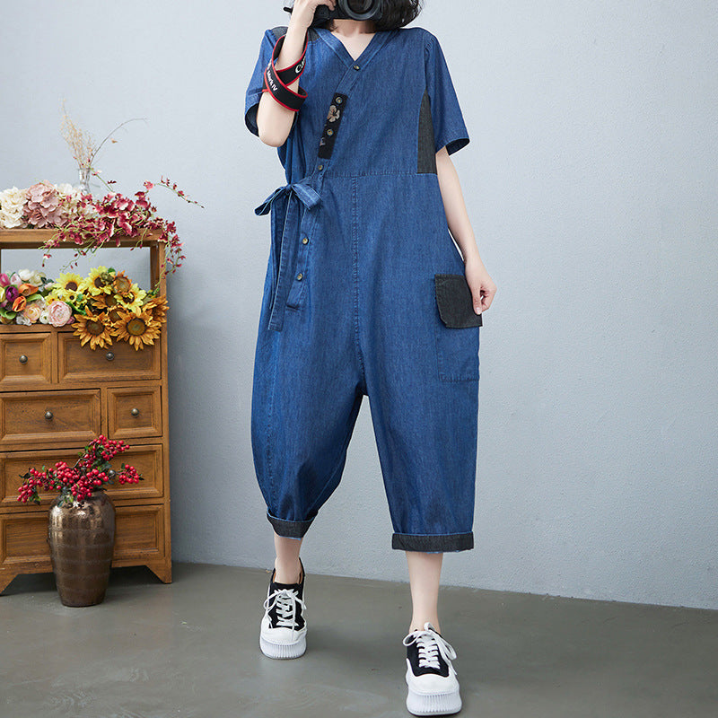 Drawstring Denim-Style Jumpsuit Wide Leg Cropped One Size