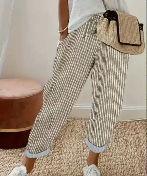 Women's Summer Striped Casual Pants - Loose Fit Elastic Waist Trousers