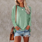 Sarah Express Women's Long Sleeve Pocket T-Shirt Split Hem Casual Cotton Blend Top