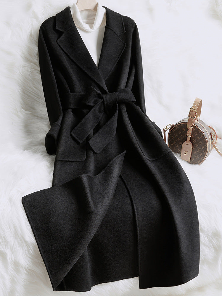 Women's Belted Slim Fit Woolen Coat Medium Length