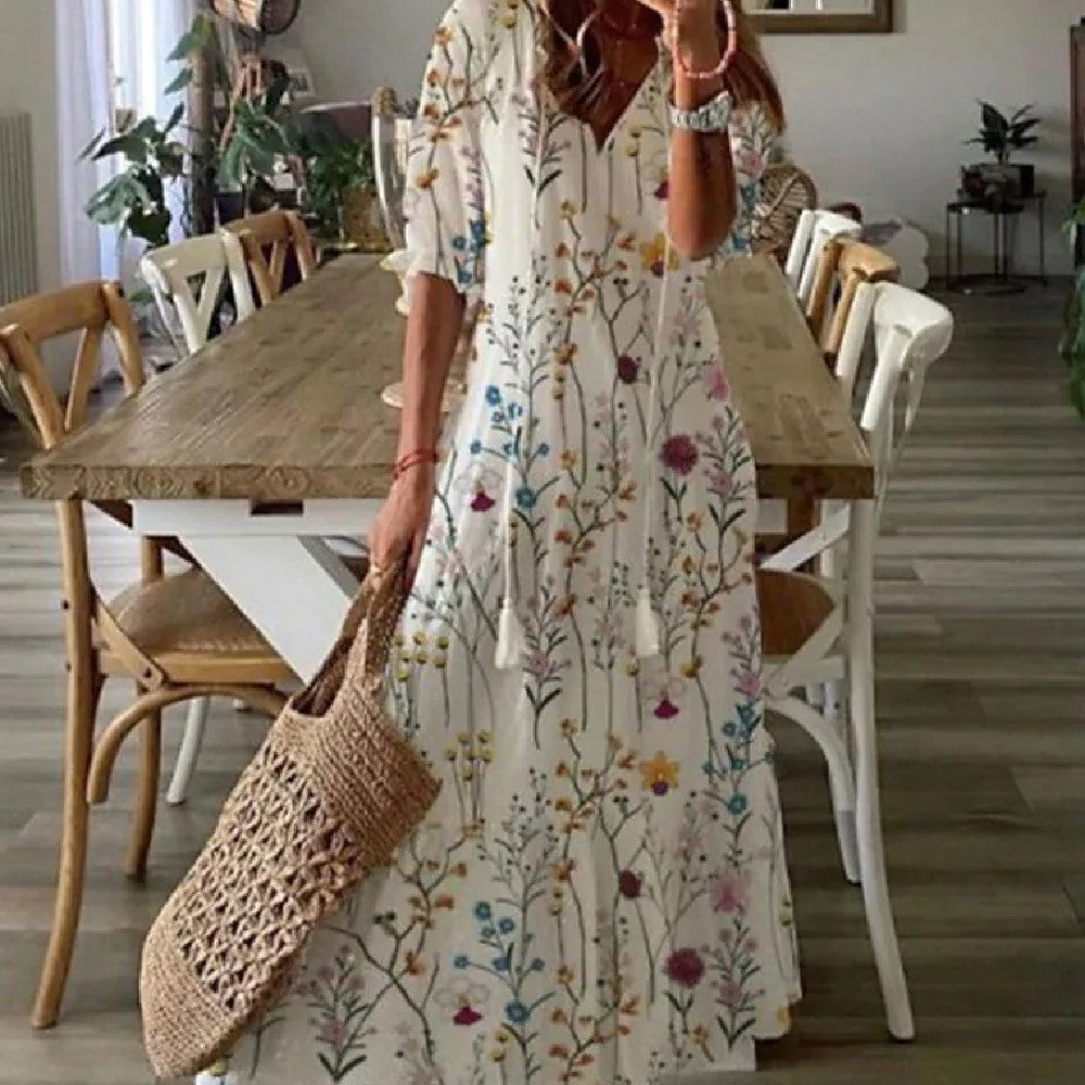 Women's Floral Print V-Neck Maxi Dress Short Sleeve A-Line Pullover
