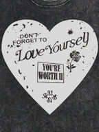 Sarah Express Women's Heart Round Neck Short Sleeve T-Shirt - Oversized Washed Cotton Tee