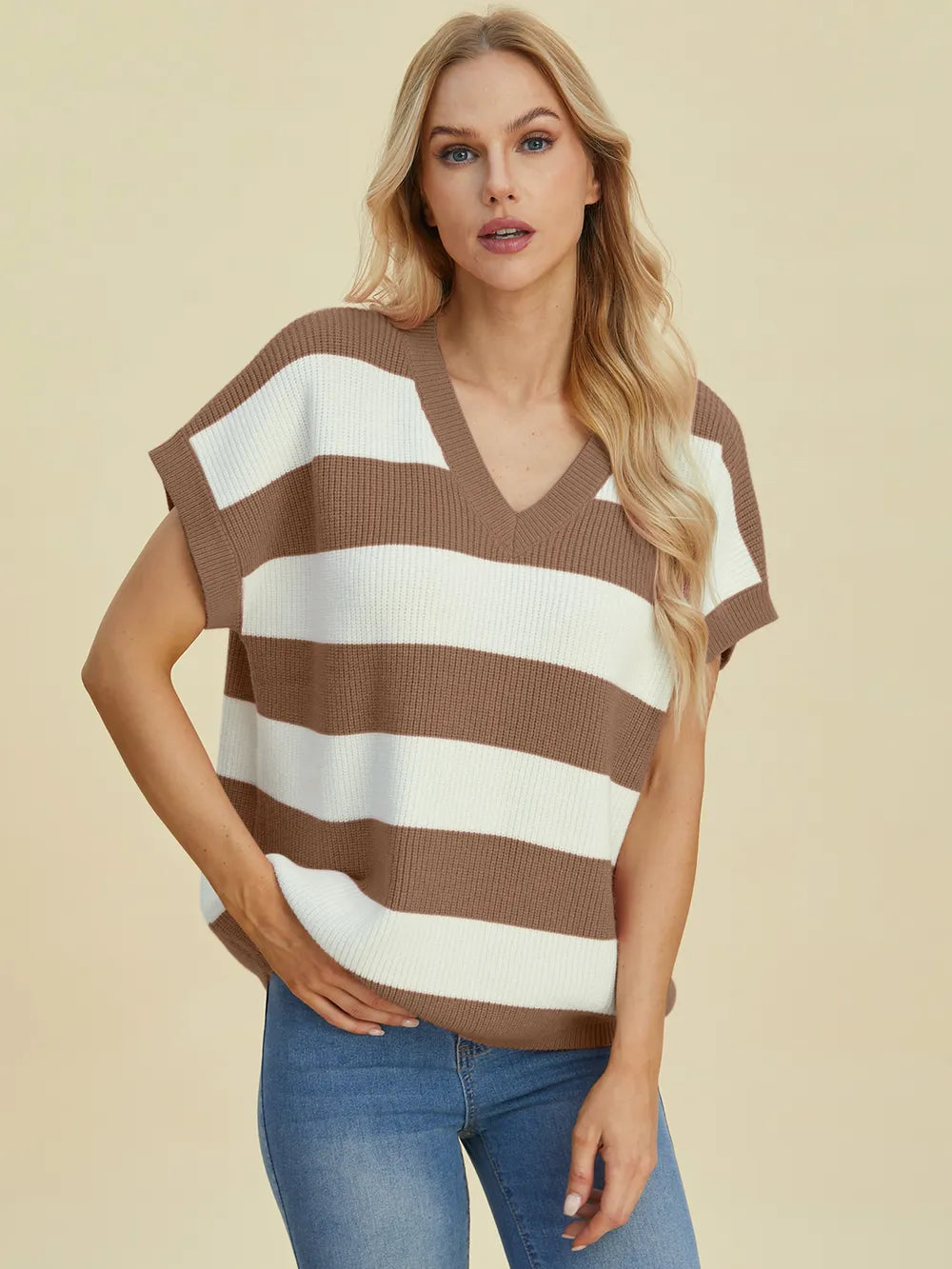 Sarah Express Women's Striped V-Neck Short Sleeve Sweater