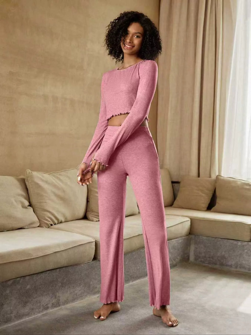 Sarah Express Women's Round Neck Long Sleeve Top and Pants Set Pink