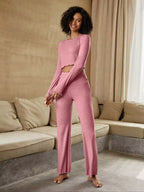 Sarah Express Women's Round Neck Long Sleeve Top and Pants Set Pink