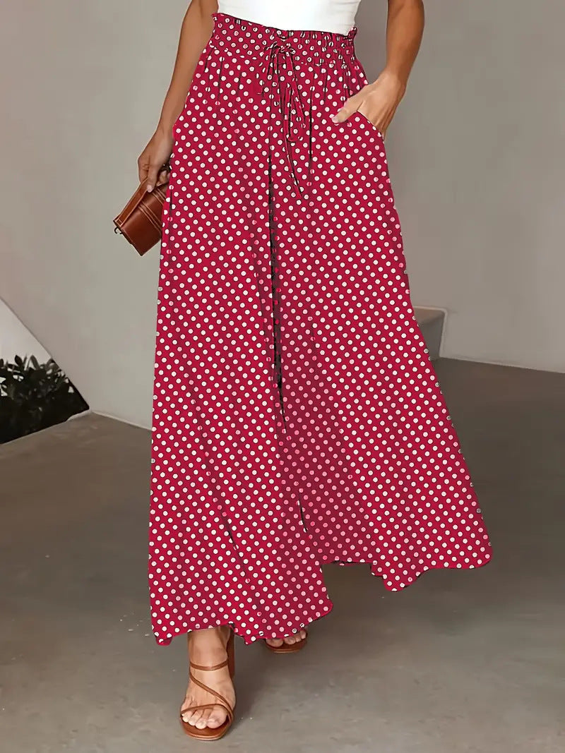 Women's Polka Dot Wide-Leg Pants Elastic Waist Loose Fit Casual Trousers