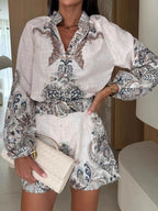 Sarah Express Women's Printed Long Sleeve Shirt and Shorts Set