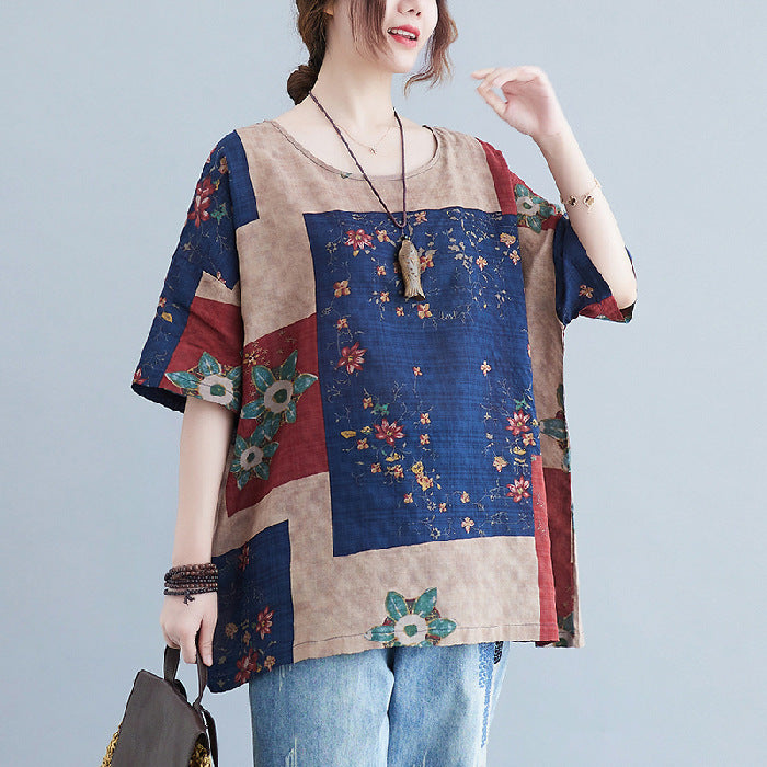 Women's Ethnic Floral Print Cotton Linen T-Shirt Loose Fit Round Neck Short Sleeve