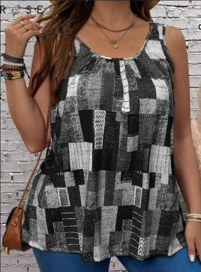 Plus Size Geometric Print Pleated Tank Top