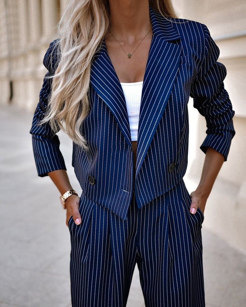 Striped Cropped Blazer Straight Pants Suit Set Long Sleeve Lapel Two-Piece