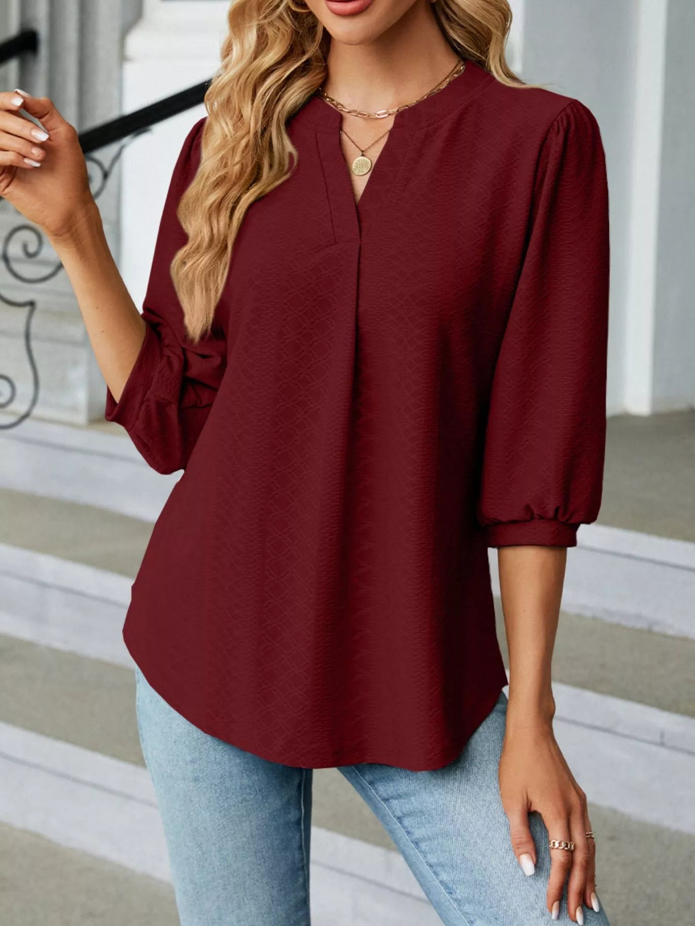 Sarah Express Women's Notched 3/4 Sleeve Casual Top