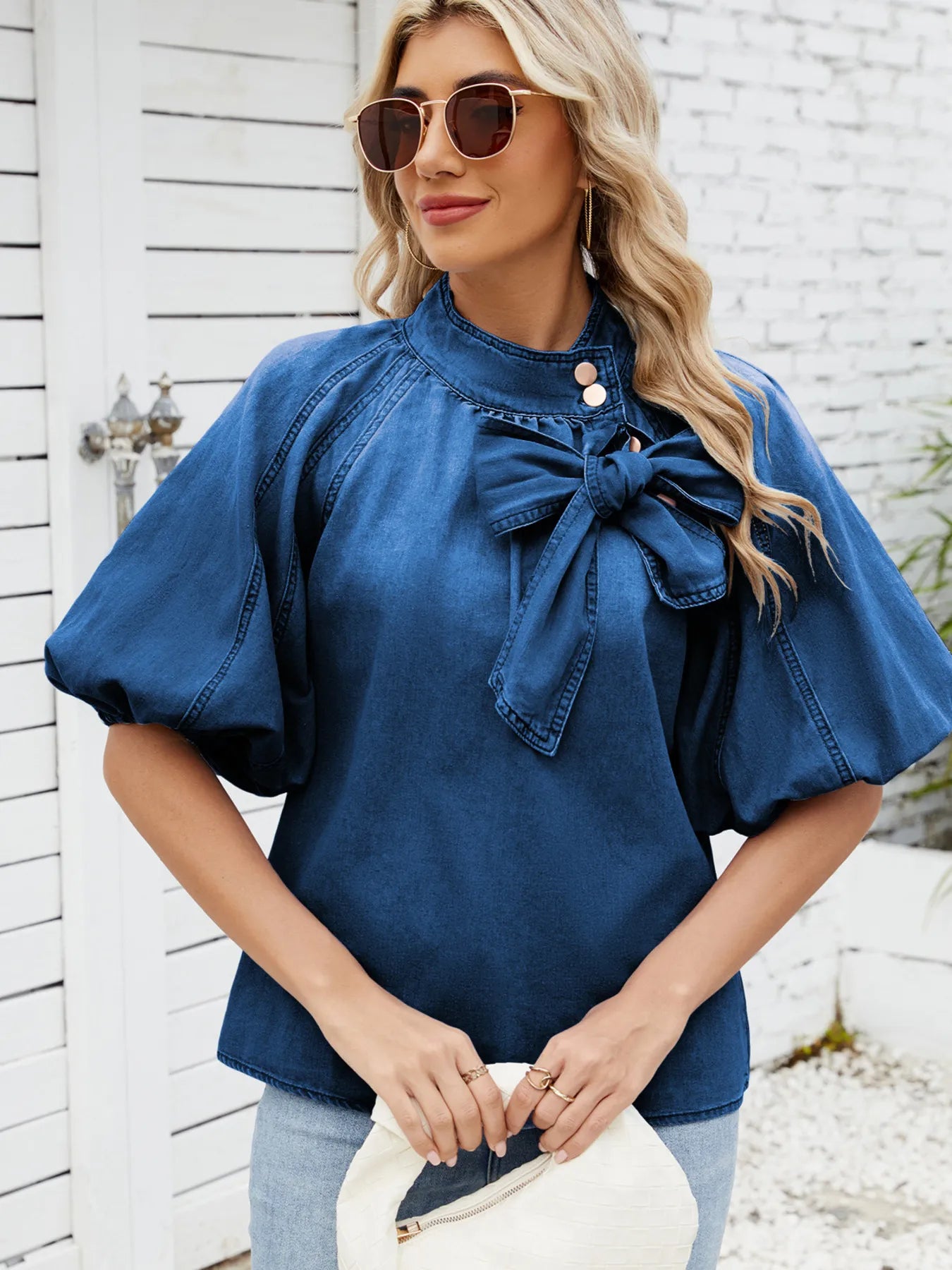 Sarah Express Women's Denim Bow Tie Puff Sleeve Button-Up Top