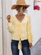 Sarah Express Women's V-Neck Long Sleeve Tie-Front Blouse Pastel Yellow