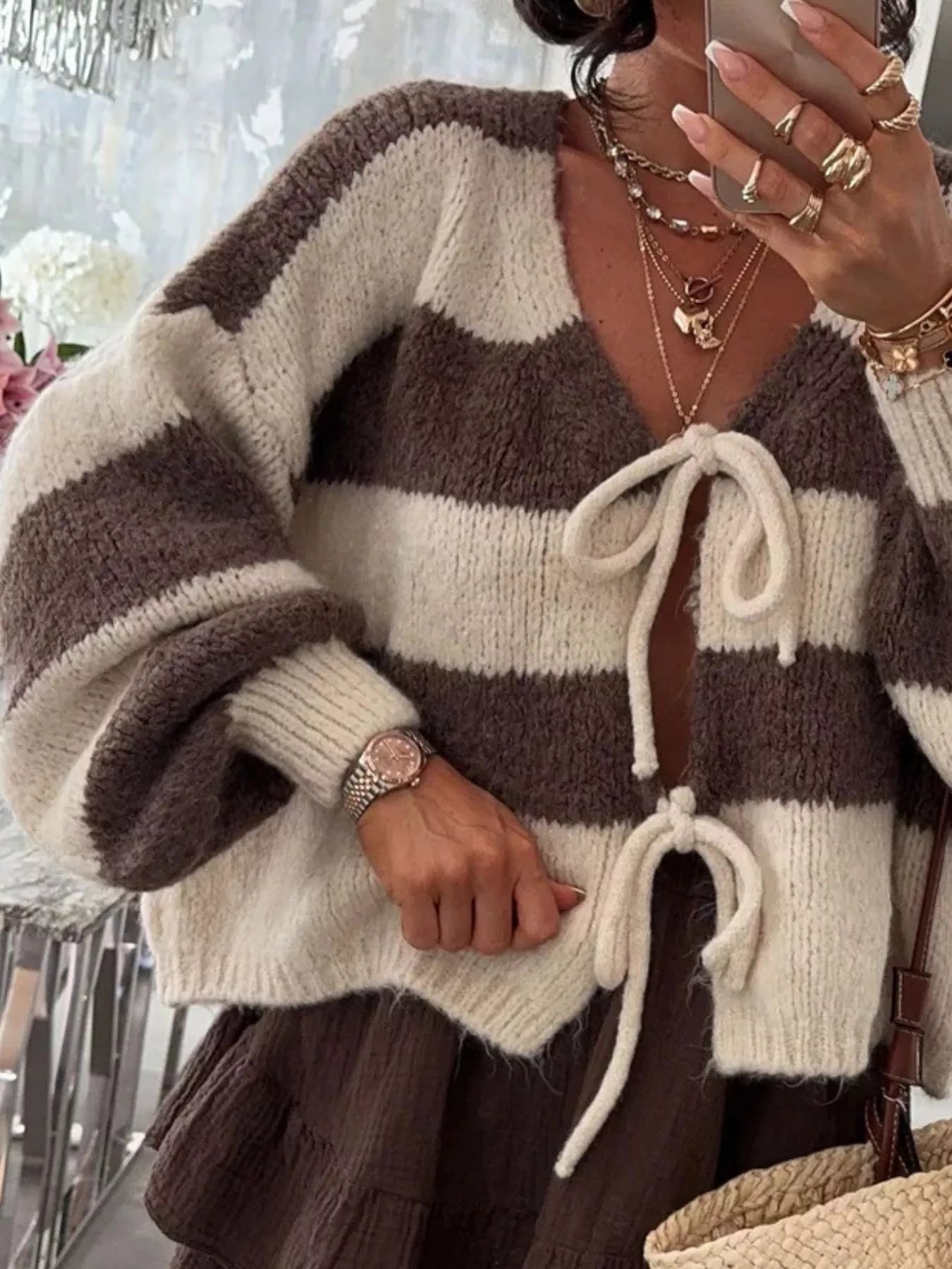 Sarah Express Women's Striped Tie-Front Knit Cardigan Coffee Brown