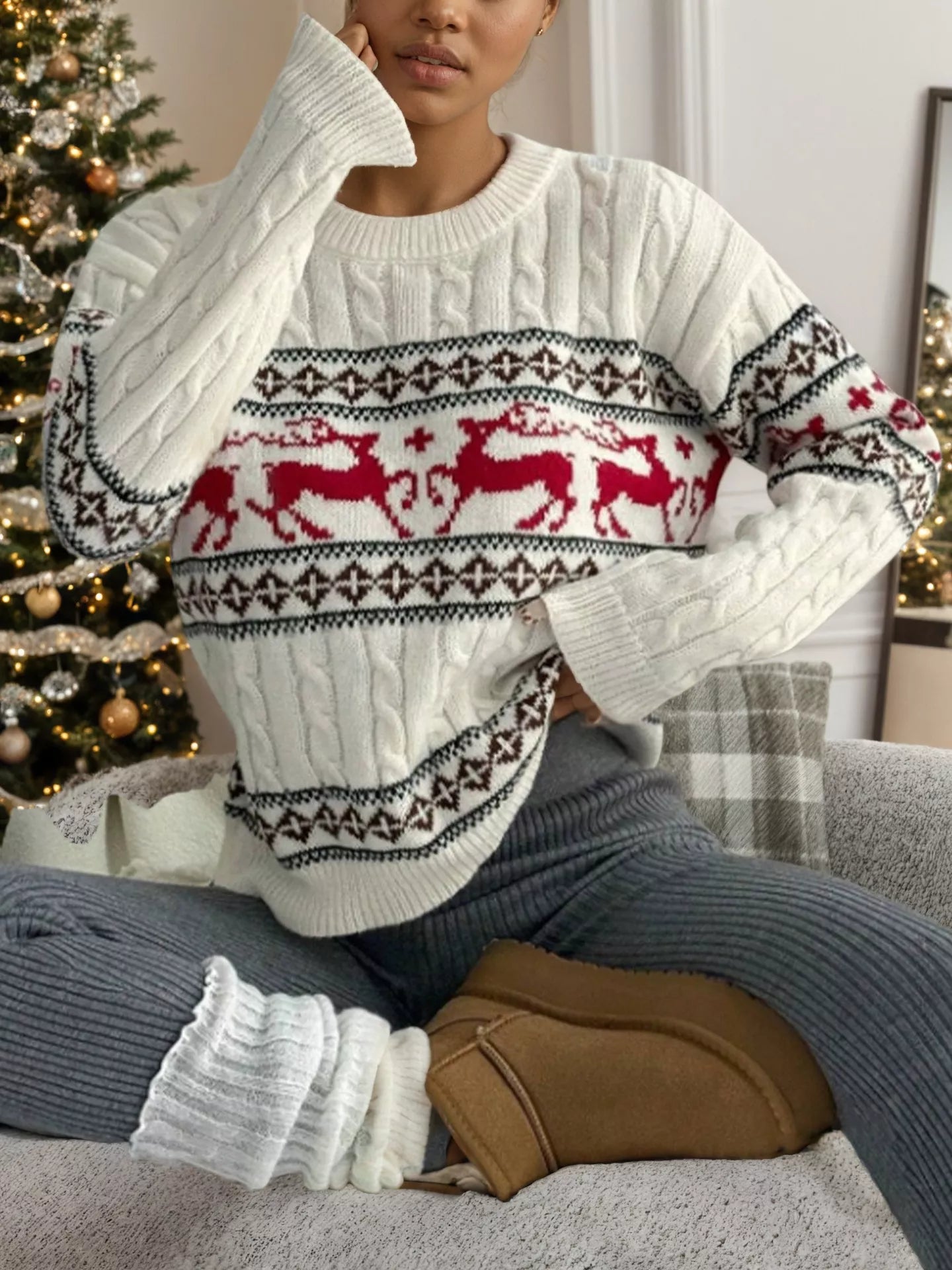 Sarah Express Women's Reindeer Pattern Cable Knit Sweater White