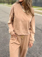 Sarah Express Women's Full Size Washed Round Neck Top and Drawstring Pants Set Plus Size