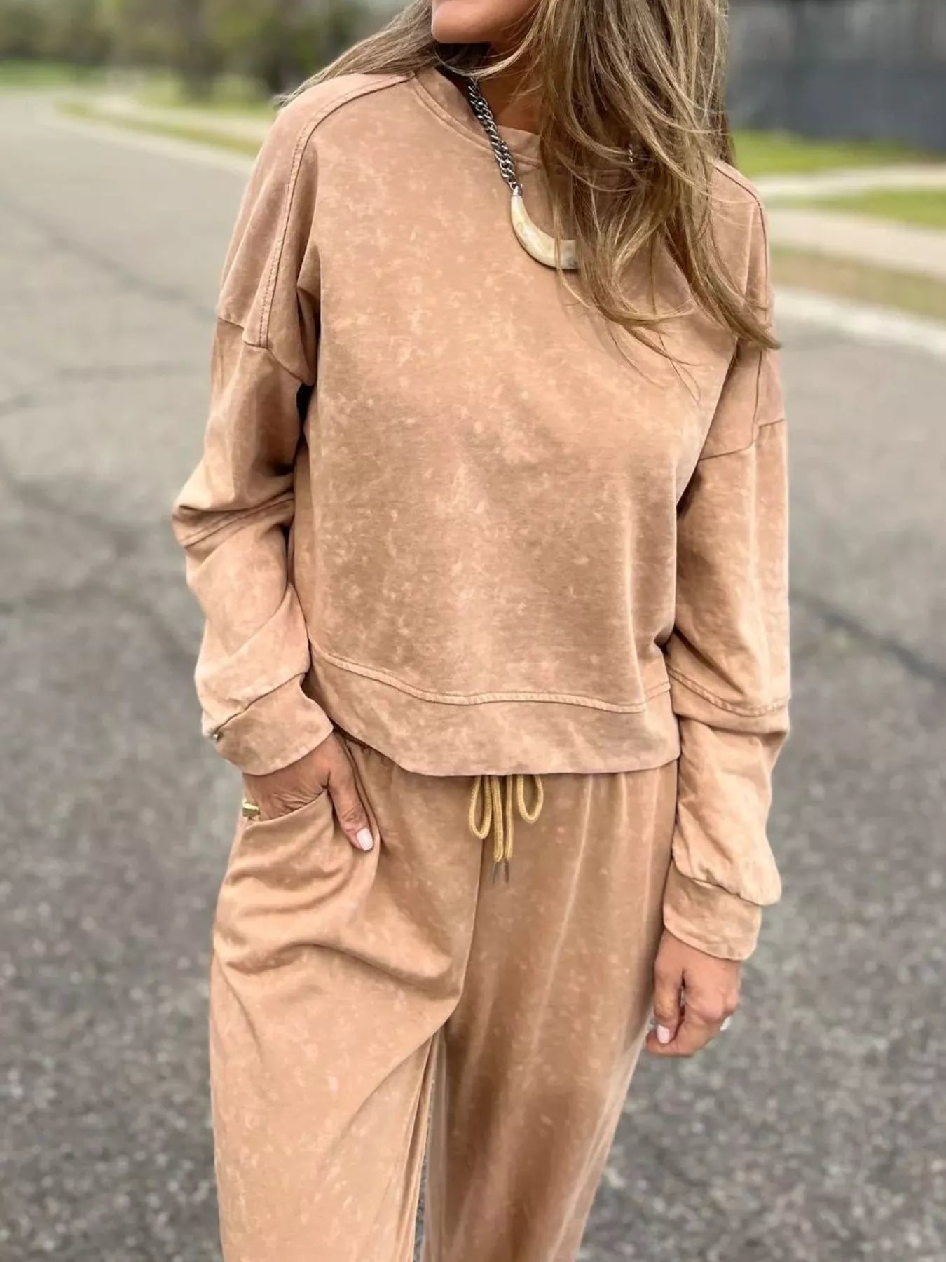 Sarah Express Women's Full Size Washed Round Neck Top and Drawstring Pants Set Plus Size