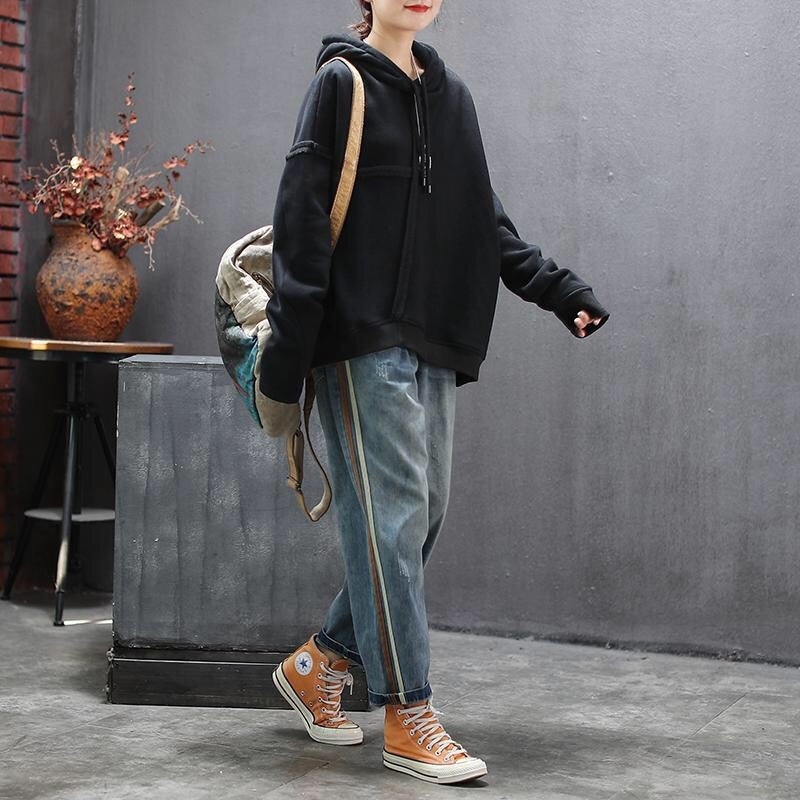 Women's Artsy Side Striped Patchwork Jeans High Waist Casual Denim