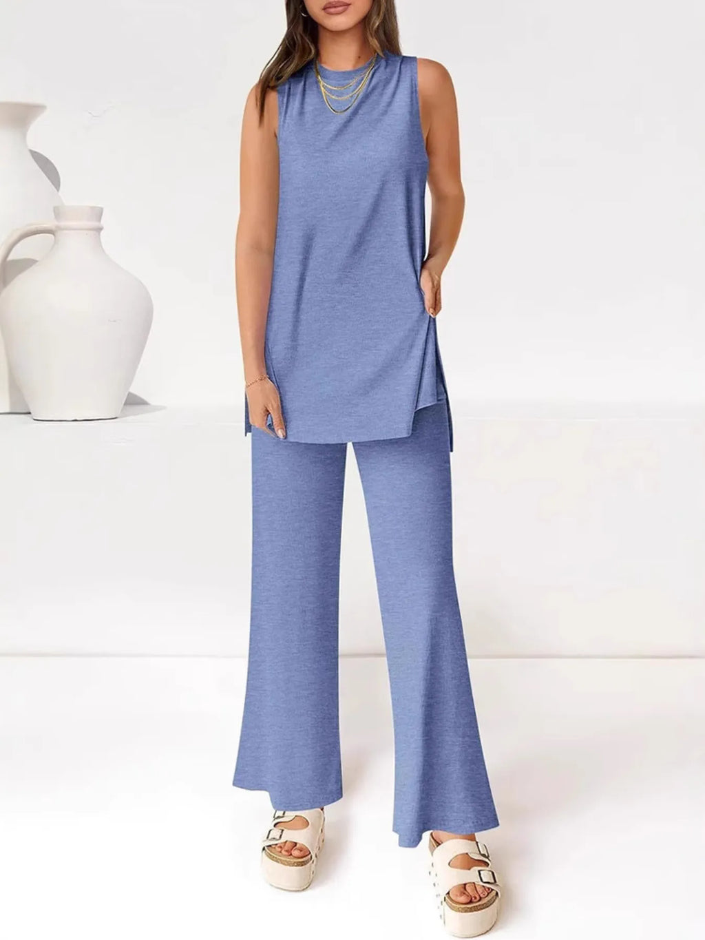 Sarah Express Women's Round Neck Tank and Pants Set Light Blue