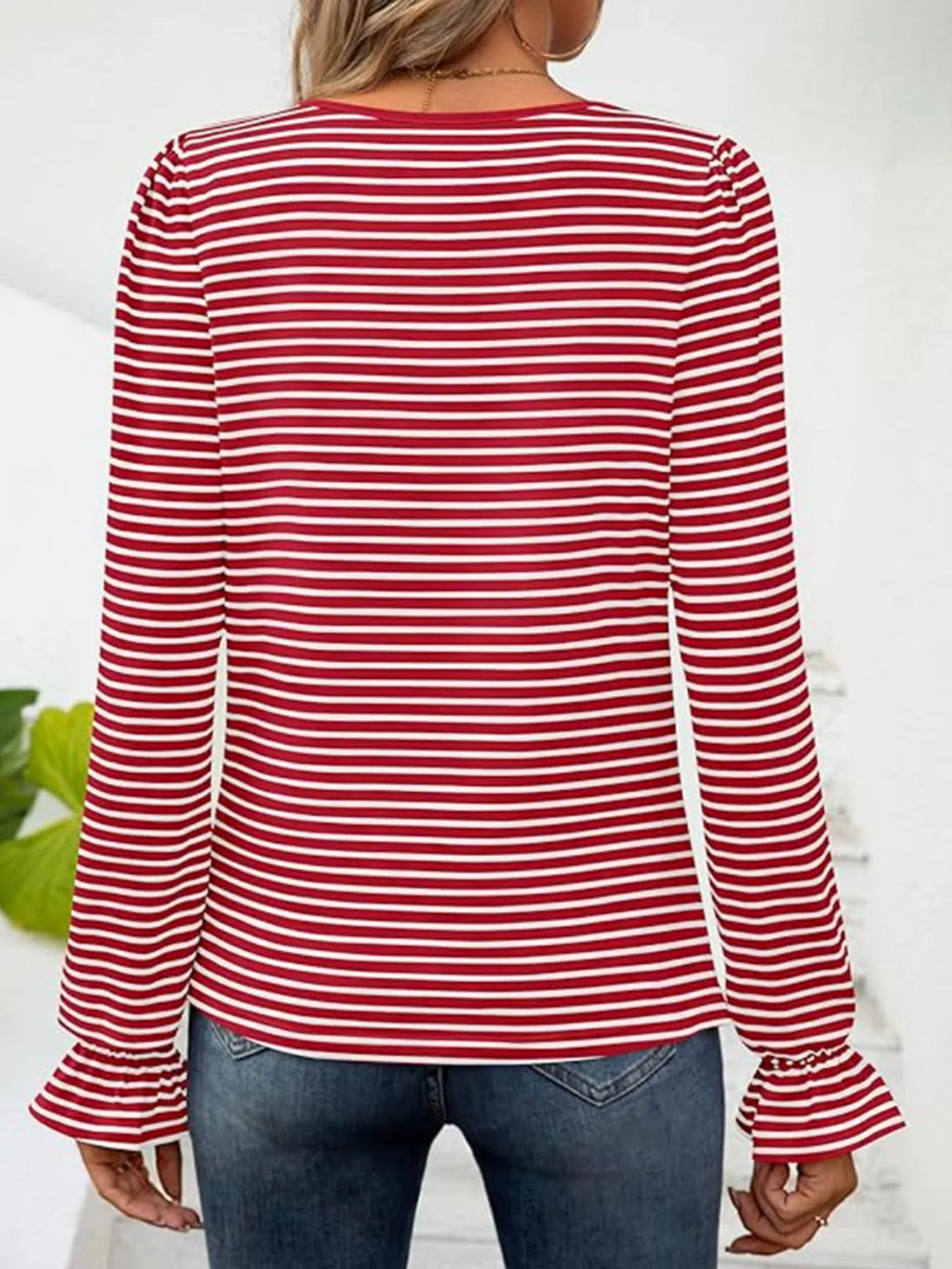 Sarah Express Women's Striped Long Sleeve T-Shirt with Square Neckline