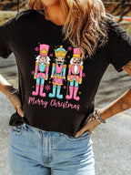Sarah Express Women's Merry Christmas Nutcracker Doll Printed T-Shirt Black