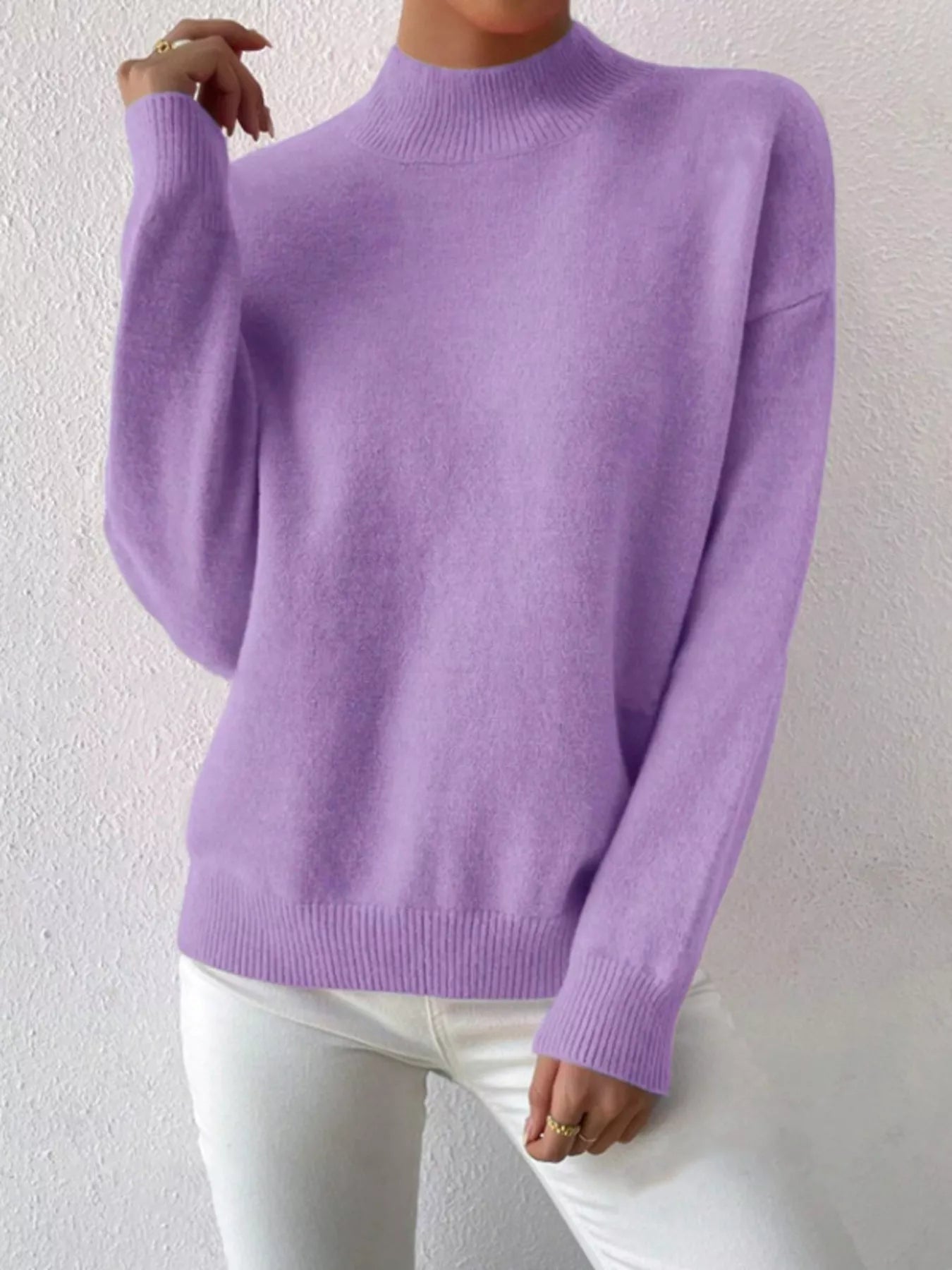 Sarah Express Women's Mock Neck Dropped Shoulder Sweater Lavender