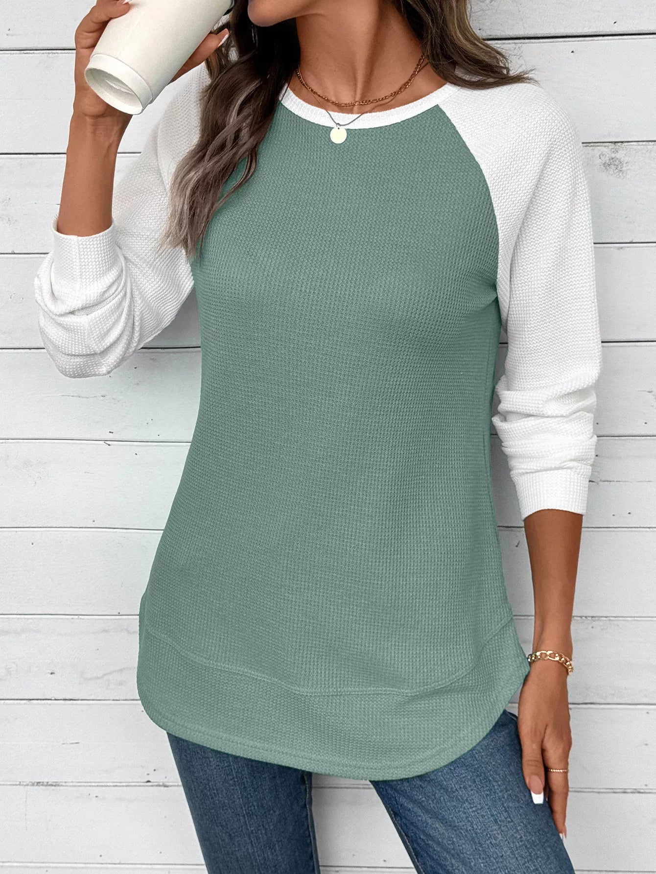 Sarah Express Women's Contrast Raglan Sleeve Waffle Knit T-Shirt