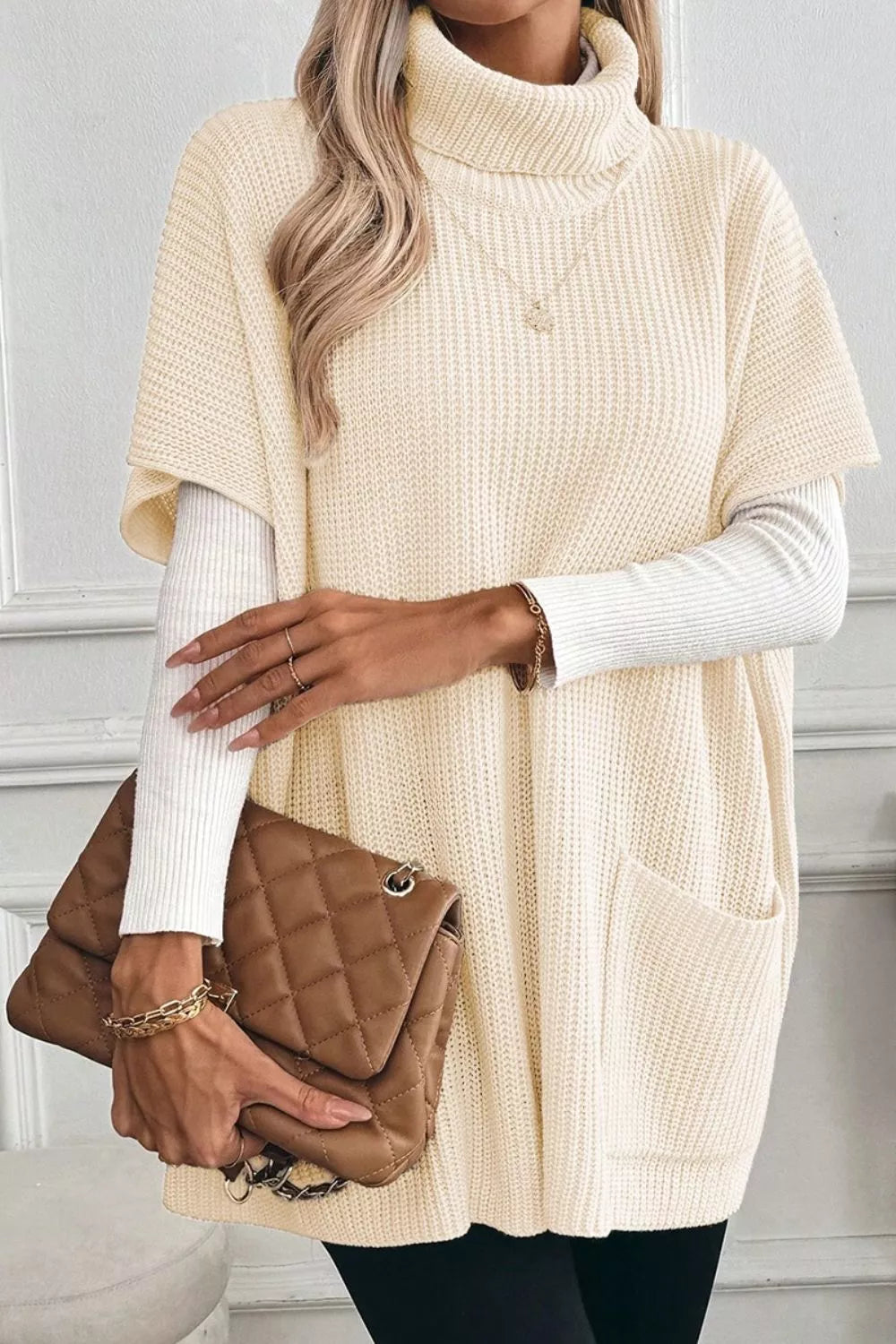 Sarah Express Women's Turtleneck Knit Short Sleeve Sweater with Pockets