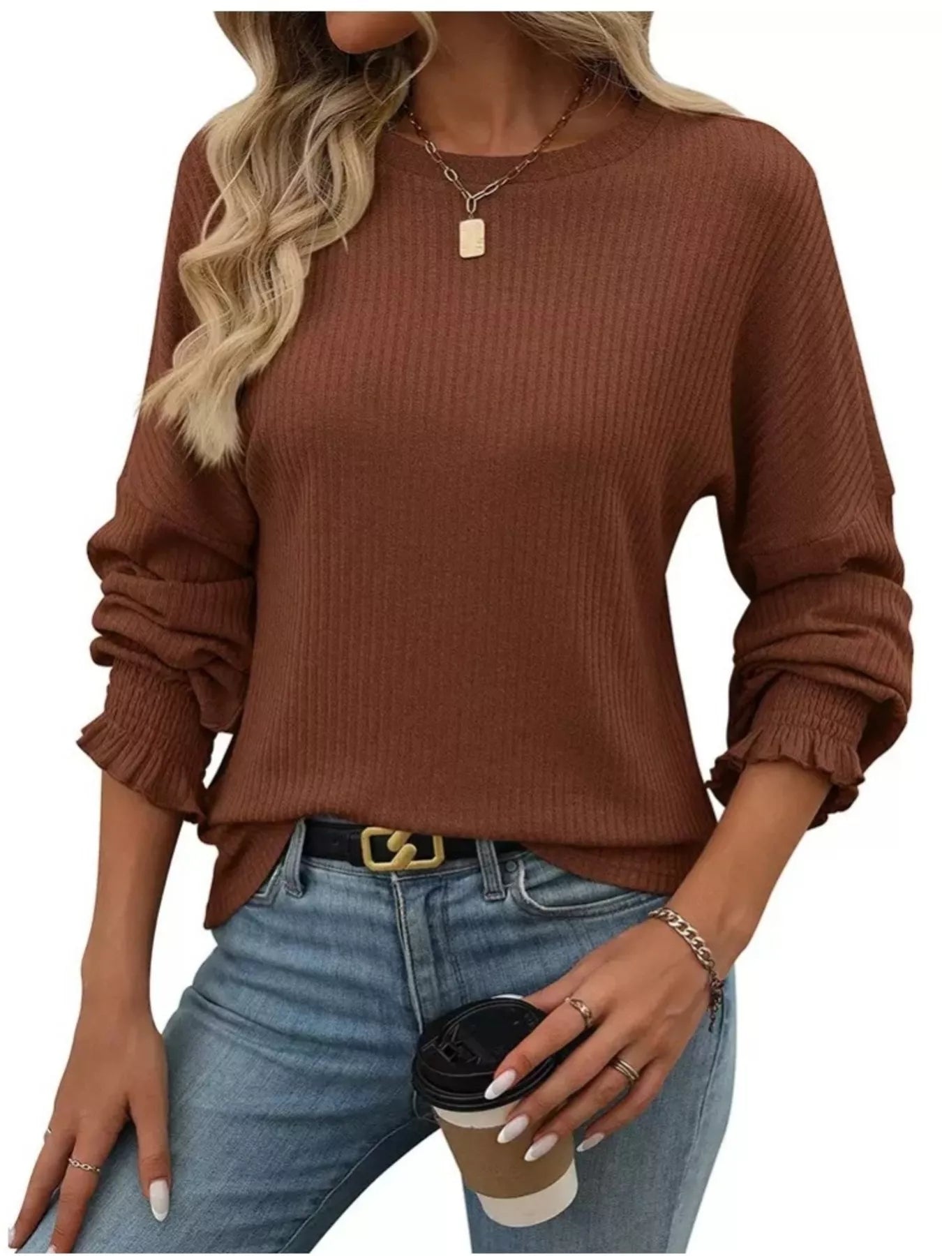 Sarah Express Women's Ribbed Knit Long Sleeve T-Shirt Dark Brown