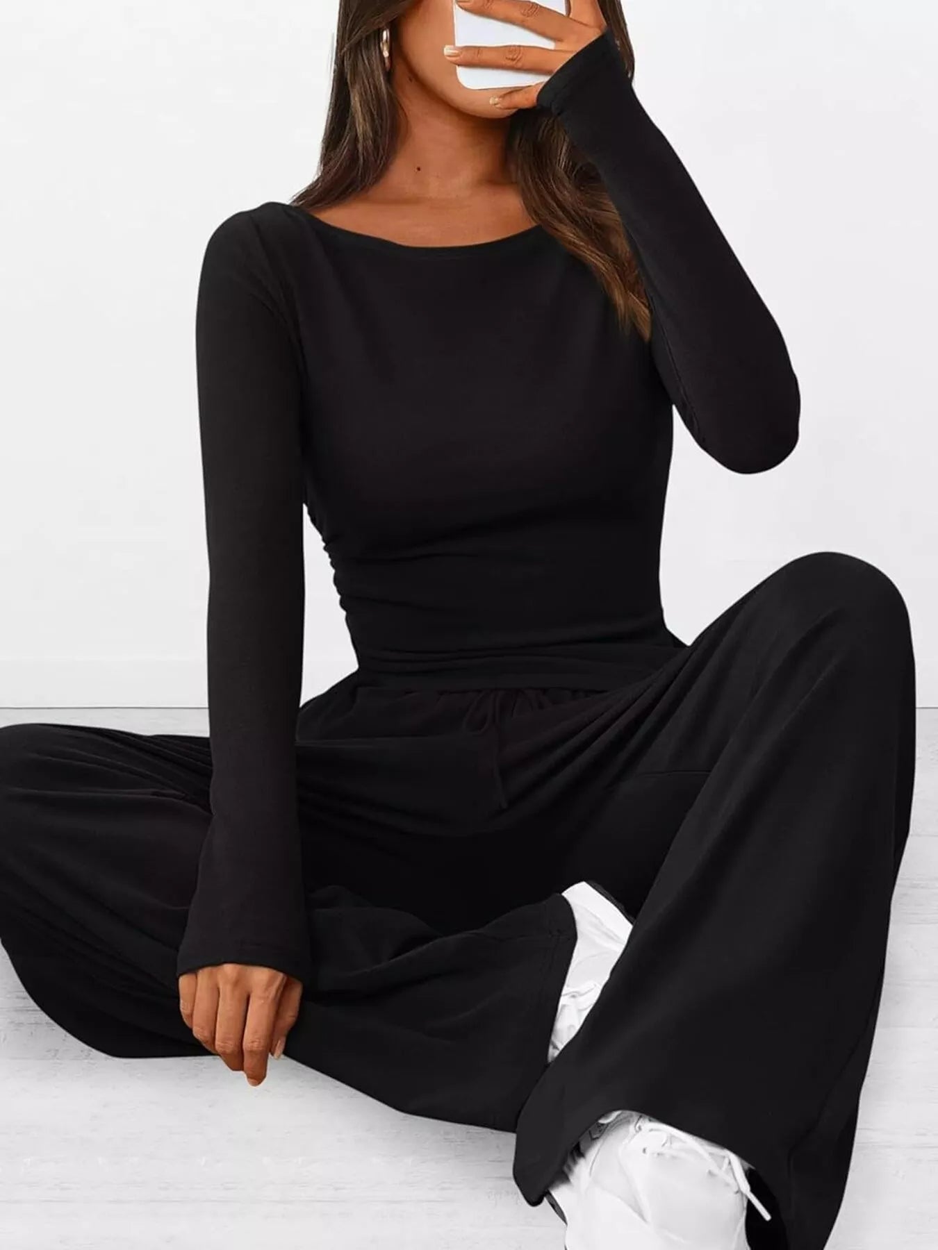 Sarah Express Women's Long Sleeve Top and Wide Leg Pants Set - Two Piece Outfit