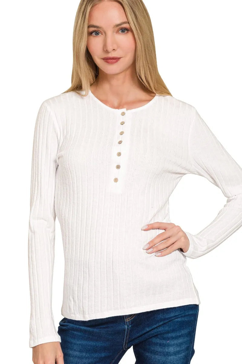 Sarah Express Women’s Ribbed Half Button Long Sleeve Top Casual