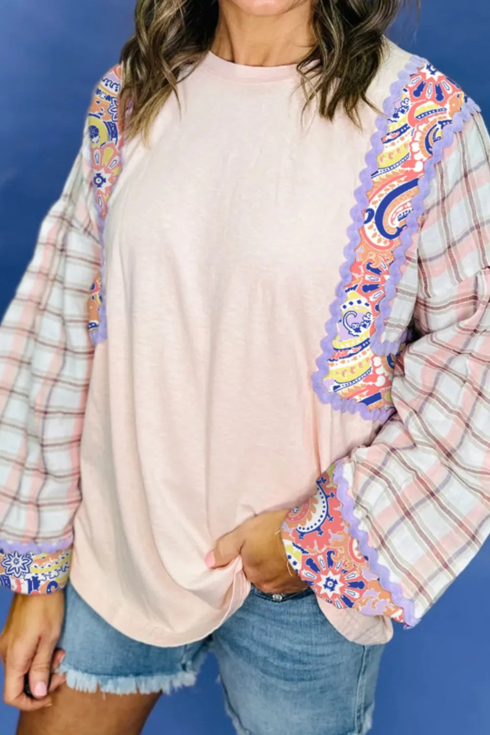 Sarah Express Women's Paisley Print Plaid Long Sleeve Oversized Top