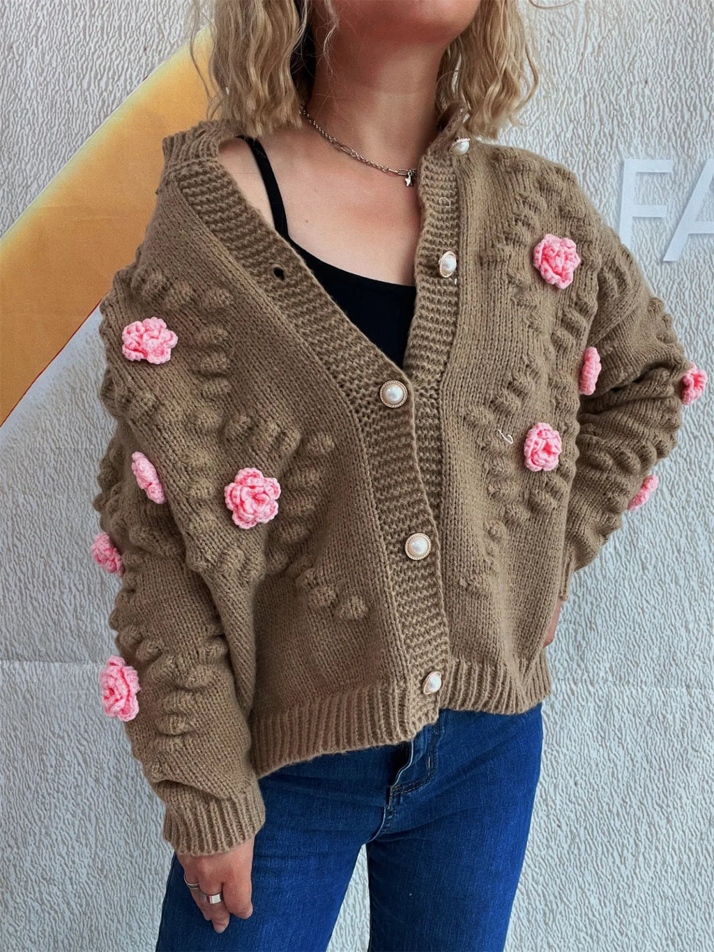 Sarah Express Women's Flower Button Up Long Sleeve Cardigan