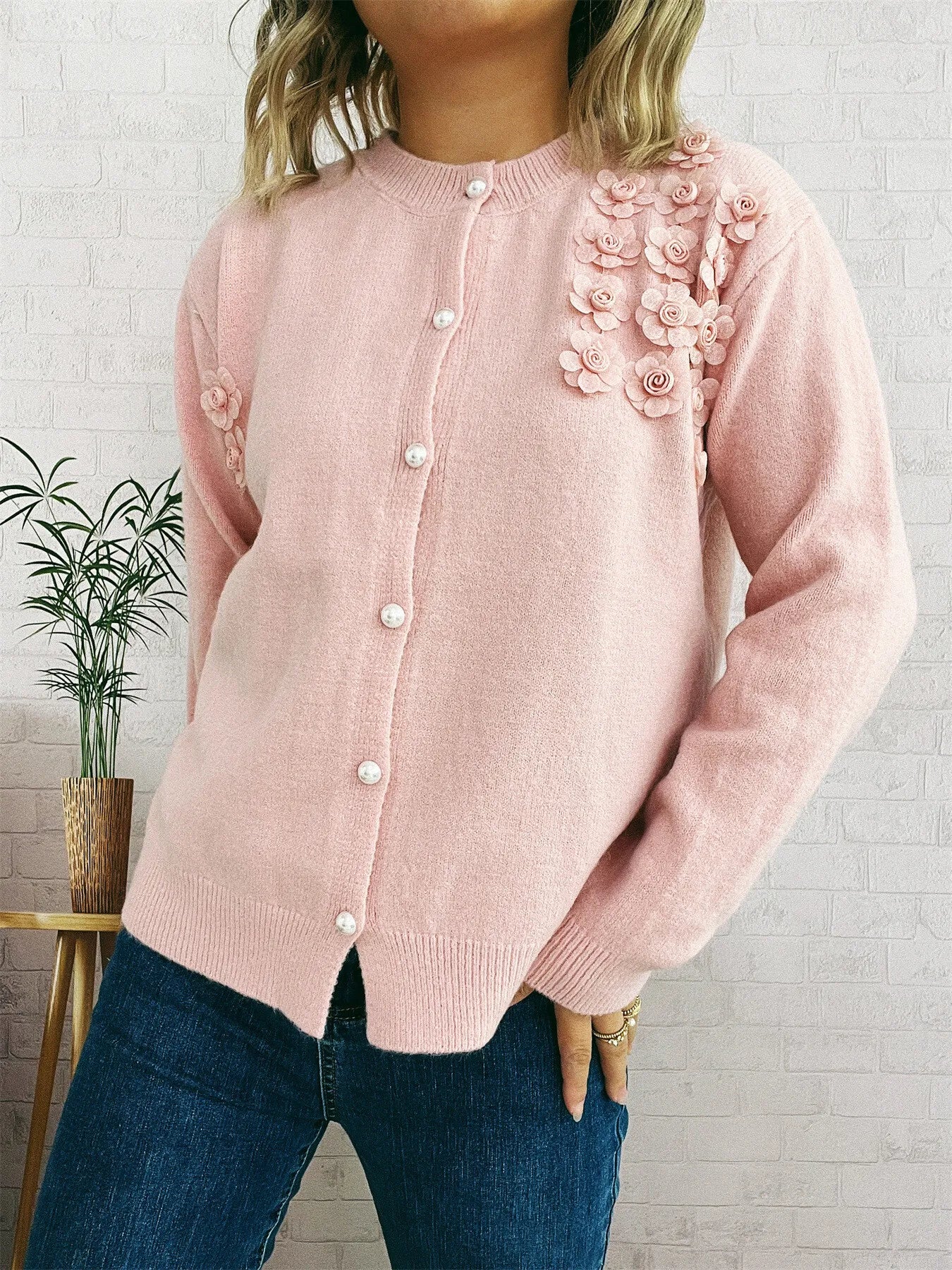 Sarah Express Women's Flower Button Up Long Sleeve Cardigan