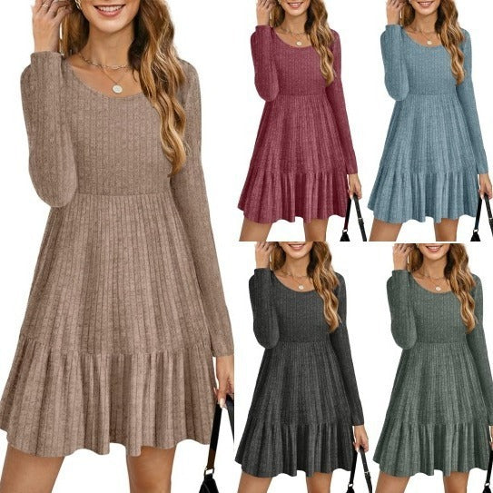 Women's Round Neck Knitted Sweater Dress Long Sleeve Bodycon