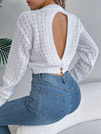 Sarah Express Women's Cutout Back Openwork Round Neck Long Sleeve Sweater
