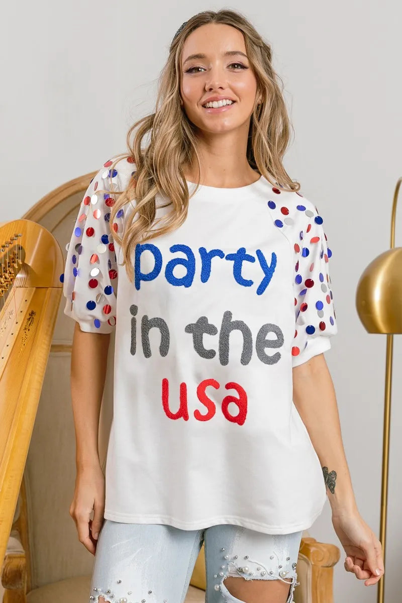 Sarah Express Women’s "Party In The USA" Spangle Puff Sleeve Top