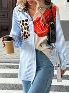 Sarah Express Women's Leopard Floral Striped Casual Button-Up Shirt