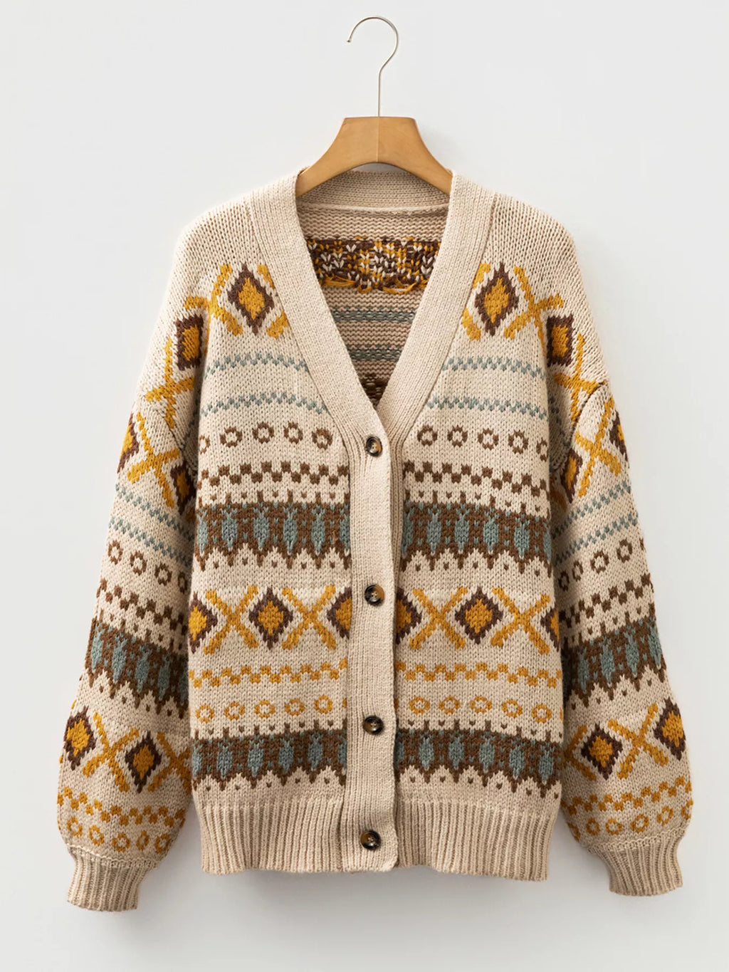 Sarah Express Women's Western Pattern Knitted Button V Neck Cardigan Sweater